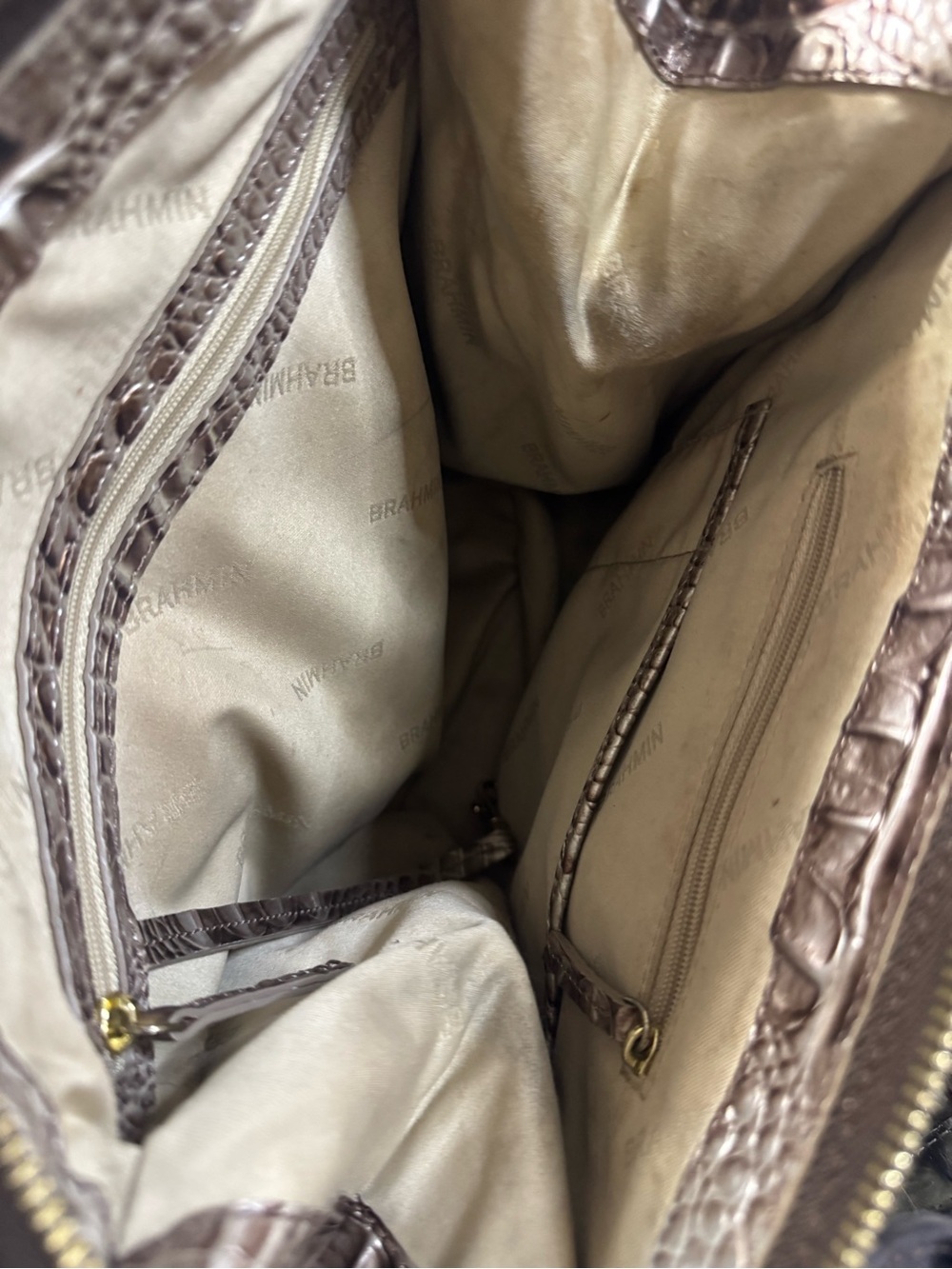 Brahmin Caroline Silver Taupe, Olive & Dark Brown Croc-Embossed Satchel - Picture 6 of 9